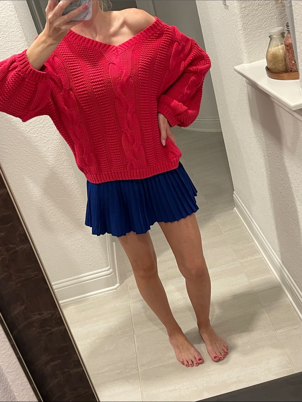 Off-the-Shoulder Hot Pink Cable Knit Sweater